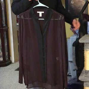 KENNETH COLE women’s blouse, sheer, sz L  purple with black trim